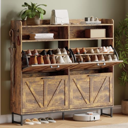 Xixini Shoe Storage Cabinet with 4 Flip Drawers, Entryway Shoe Rack, Brown | Narrow Slim Shoe Storage, Freestanding Hidden Wood Shoe Organizer, Modern Farmhouse, Open Storage & Hooks for Closet, Hallway - color: Brown, size: 4 Flip Drawers