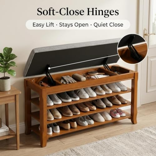 Solid Wood Shoe Bench, 47.2'' Shoe Rack for Entryway Storage | 550 lbs Max Load, Flip-Top Soft-Close Lid, Adjustable Shelves, Cushioned Entryway Shoe Rack Organizer, Tool-free Assembly - size: 47.2''