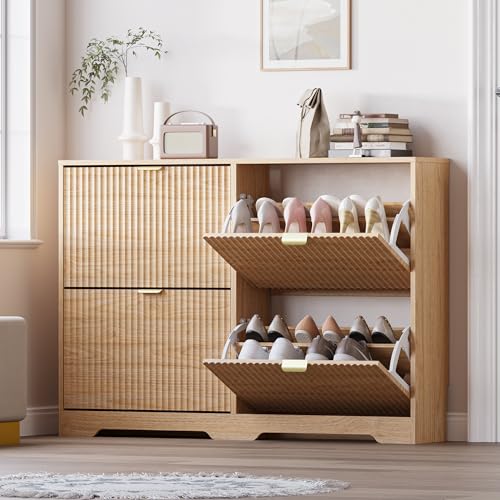 BORNOON Large Shoe Cabinet for Entryway, Shoe Rack Cabinet with 4 Flip Drawer and Adjustable Shelves for Small Apartment, Foyer - color: Oak, size: 4-Drawer