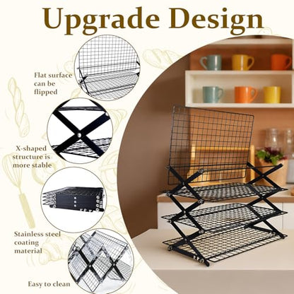 4 Tier Collapsible Cooling Rack, Adjustable Stackable Stainless Steel Baking Rack with Leak-Proof Mesh & X-Shaped Structure, Dishwasher Safe for Cookies, Bread, Pastries