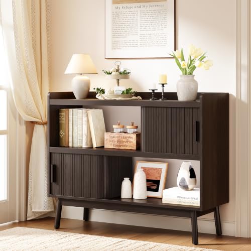 ONBRILL 44" Sideboard Buffet Cabinet with Outlet & 2 Open Storage Spaces, Fluted Sideboard Cabinet with Sliding Door & Adjustable Shelves, Mid-Century Accent Coffee Bar Console Table with Wooden Feet - color: Brown, size: 44"