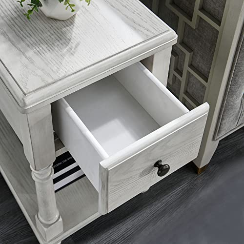 Solid Wood Narrow End Table with Drawer, Sofa Side Table with Storage Shelves, Slim Beside Table ,Telephone for Small Spaces, Living Room, Easy Assembly 22" x 13" x 22.7" AntiqueWhite BBJ004RW - color: Antique White