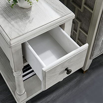 Solid Wood Narrow End Table with Drawer, Sofa Side Table with Storage Shelves, Slim Beside Table ,Telephone for Small Spaces, Living Room, Easy Assembly 22" x 13" x 22.7" AntiqueWhite BBJ004RW - color: Antique White