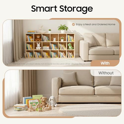 18-Cube Solid Wood Bookshelf, 3-Tier Storage Organizer Semi-Open Floor Display Shelf Closet Cabinet for Home Office Library School, 12" D x 71" W x 35" H - size: 18-Cube