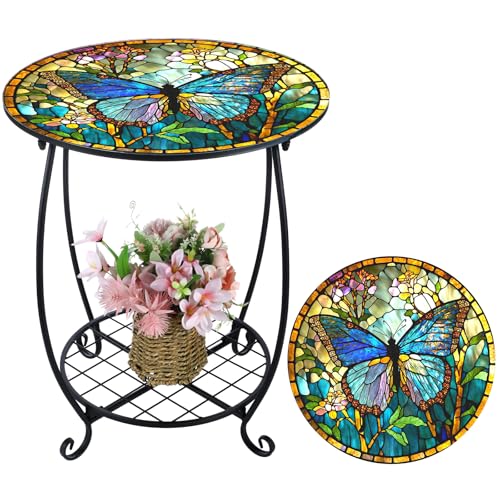Cinnvoice Outdoor Side Table Round Small Mosaic Patio Accent Indoor End Plant Coffee Tea Table for Yard Patio Porch Garden Living Room, Bedroom(Butterfly Style,16 Inch) - size: 16 Inch, style: Butterfly Style