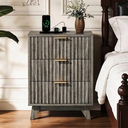 VINGLI Gray Nightstand with Charging Station, Fluted Nightstand 3 Drawers Grey Night Stand for Bedroom, Fluted Grey Bedside Table/End Table/Side Table, 17.72" W*13.78" D*23.62" H, 1 pc - color: Grey, size: 17.7"W-3 Drawer
