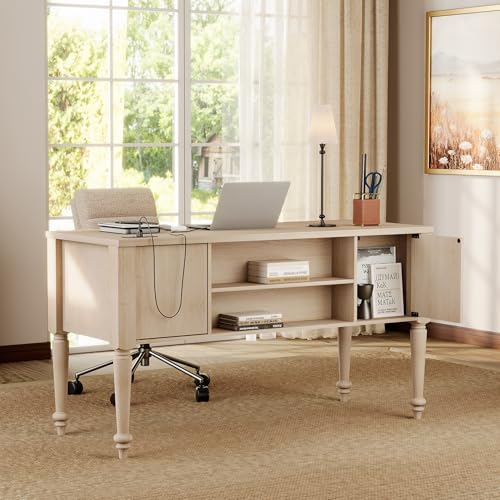WAMAPT Elegant Executive Desk with Storage, Farmhouse Writing Desk with Charging Station, Wood Home Office Desk with Drawer, Cabinet & Shelf for Study, 56 Inch, Beige - color: Beige