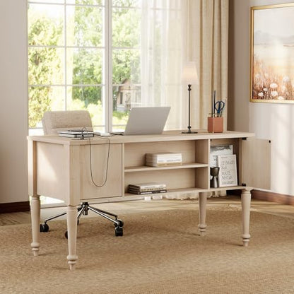 WAMAPT Elegant Executive Desk with Storage, Farmhouse Writing Desk with Charging Station, Wood Home Office Desk with Drawer, Cabinet & Shelf for Study, 56 Inch, Beige - color: Beige