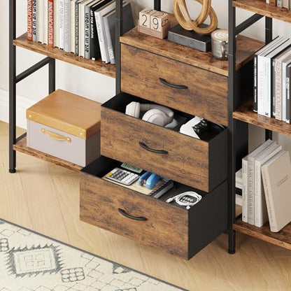 AFLUI Triple Bookshelf with 3 Fabric Drawers, 6-Tier Book Shelf and 10 Display Shelves, Industrial Large Bookcase for Home & Office, Rustic Brown, 47'' Wide - color: Rustic Brown, size: 6 Tier(47" W)
