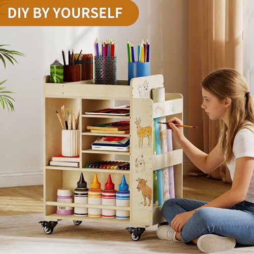 Art Cart Rolling Wood, Arts and Crafts Supply Organizer, Multi-Functional Art Organizer Cabinet, Compact DIY Utility Cart with Bookshelf, Small Art Supply Storage for Classroom Office Bedroom