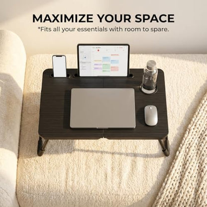 BUYIFY 23.4" Foldable Lap Desk Bed Table with Cup Holder Portable Tray | Folds Flat for Easy Storage, No Assembly Laptop Bed Desk, Sturdy and Lightweight, Patent Design, Deep Black - color: Deep Black