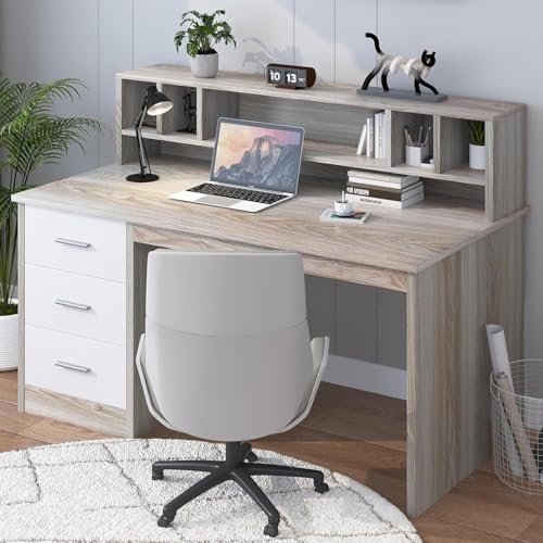 MaverickFurni Home Office Desk with Drawers, 46" Small Desk for Bedroom, Computer Desk with Hutch and Drawers, Study Desk with Storage, White and Walnut - color: White and Walnut