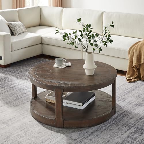 40'' Round Wood Coffee Table Circle Coffee Table with 4 Wheel for Living Room, Modern Retro Farmhouse Style, Easy Assembly, Dark Brown(ø40'' x 17.52'') - color: S1-ø40'' -Dark Brown