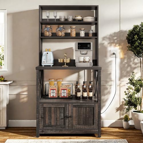 YITAHOME Bakers Rack with Power Outlet and Storage Cabinet Door | Thick Countertop, Hutch Shelves, Cabinet Door, Power Outlet, for Kitchen Coffee Bar, Easy Assembly - color: Black Oak, size: 31.5''W