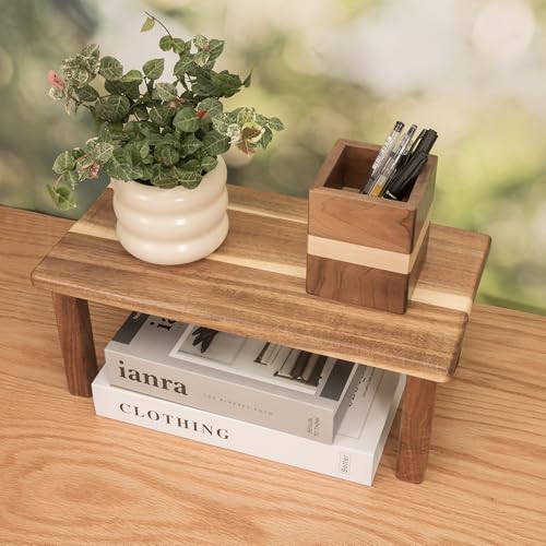 Kitchen Cabinet Counter Shelf Acacia Wood Desktop Organizer Shelf | Wooden Kitchen Cabinet Countertop Organizer Tabletop Shelf Display Stand Coffee Station Organizer Desk Shelf for Top of Desk