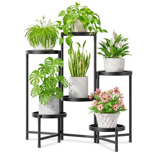 iDavosic.ly 6 Tier Large Plant Stand Indoor with 10 Inch Wide Tray, Tiered Corner Metal Outdoor Flower Display Holder Shelf, Folding Tall Rack for Patio Porch Living Room, Modern Black - color: Black, size: 6 Tiers