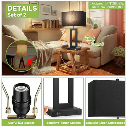 Set of 2 Touch Control Table Lamps with 2 USB Ports&AC Outlet, 3-Way Dimmable Modern Nightstand Lamp Sets, Bedside Desk Lamps for Bedroom Living Room End Tables Reading, Bulbs Included, Blue Shade | 3 Way Dimmable, Blue Fabric Shade, E26 Base, Desk Lamp f