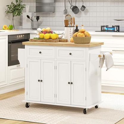 HOMCOM Kitchen Island Cart with Solid Wood Top, 44" Mobile Kitchen Island Table on Wheels with Storage Cabinets, 2 Drawers, Adjustable Shelves, Spice Rack & Towel Bar for Dining Room, Cream White - color: Cream White
