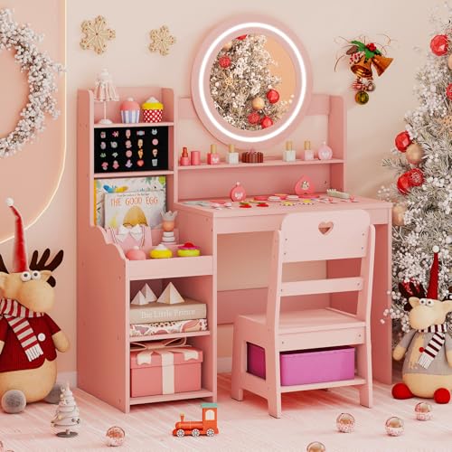 Costzon Kids Vanity, Girls Vanity Set with Mirror and Lights, Jewelry Storage, Shelves, Princess Toddler Makeup Vanity Desk Dressing Table, Wooden Kids Vanity Table and Chair Set (Pink) - style: Pink with Jewelry Storage