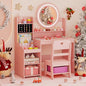 Costzon Kids Vanity, Girls Vanity Set with Mirror and Lights, Jewelry Storage, Shelves, Princess Toddler Makeup Vanity Desk Dressing Table, Wooden Kids Vanity Table and Chair Set (Pink) - style: Pink with Jewelry Storage