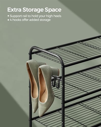 SONGMICS Shoe Rack, 2-Tier Shoe Organizer, Metal Shoe Shelf Storage with 4 Side Hooks, Holds 12 Pairs of Shoes, Height-Adjustable Shoe Rack for Entryway, Hallway, Closet, Ink Black ULMR128B01 - size: 2 Tiers (33.5"W)