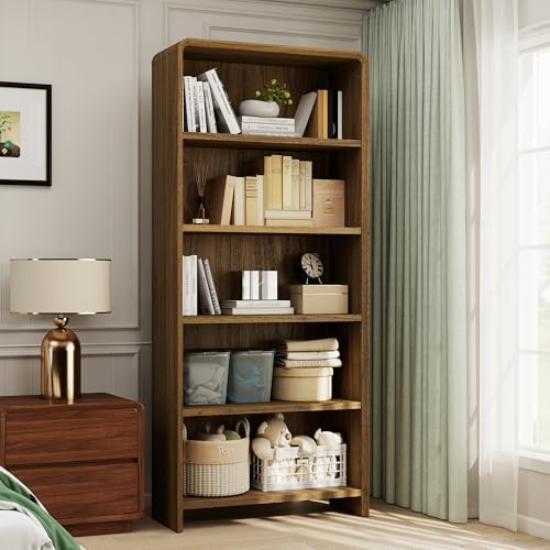 Bevfint 71" Bookcase Tall 5 Shelves Wood Bookshelf with Curved Soft Edges, Heavy Duty Modern Storage Cabinet for Professional Home Office and Living Room, Walnut Grain Finish - color: Walnut Grain, size: 5-Tier Bookcase