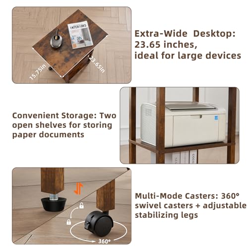 YUFAM 3 Tier Home Printer Stand with Storage, Brown | Wooden Mobile Printer Table Shelf, Rolling Printer Cart Shelf with Lockable Wheels fit Fax Machine, Scanner - color: Brown, size: 15.75"D×23.65"W×25.7"H