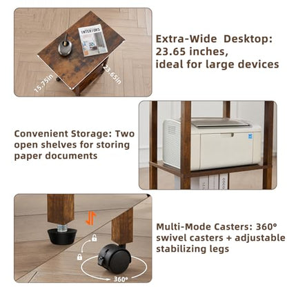 YUFAM 3 Tier Home Printer Stand with Storage, Brown | Wooden Mobile Printer Table Shelf, Rolling Printer Cart Shelf with Lockable Wheels fit Fax Machine, Scanner - color: Brown, size: 15.75"D×23.65"W×25.7"H