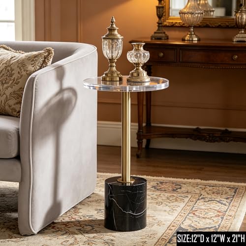 Small Clear Acrylic End Table, Marble Base Gold Leg Modern Nightstand | Acrylic Side Table with Marble Base & Gold Support Post, Accent Furniture for Drinks Snacks, Bedroom Living Room Office - color: Black