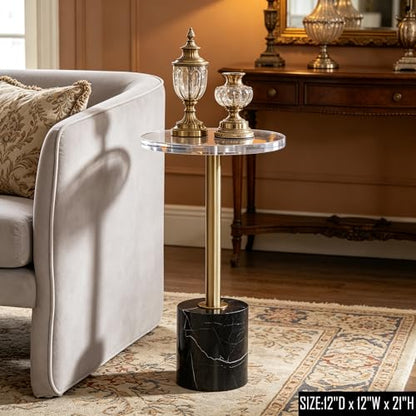 Small Clear Acrylic End Table, Marble Base Gold Leg Modern Nightstand | Acrylic Side Table with Marble Base & Gold Support Post, Accent Furniture for Drinks Snacks, Bedroom Living Room Office - color: Black