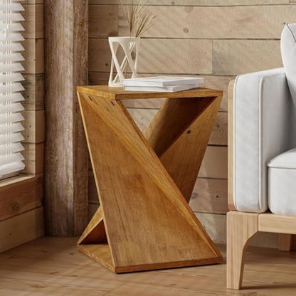 COZAYH Rustic Farmhouse Geometric Style End Table with Twisted X Base, Modern Square Accent Side Table for Living Room, Bedroom, or Office, Brown - color: Natural Wood