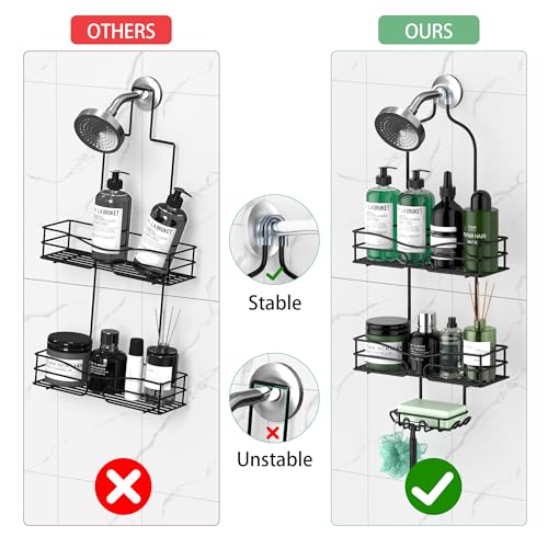 DAOYA Bathroom Shower Caddy Hanging - 3-Tier Organizer with Soap Holder & 6 Hooks for Towels, Sponge; Fits 21mm Shower Head Arm, Black - color: Matte Black