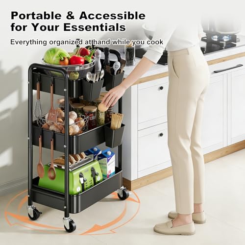 3 Tier Black Heavy Duty Rolling Cart on Wheels, Metal Utility Storage Shelves with Hanging Cup, Three Tiered Craft Carts Organizer, Shelf Cart for Bedside, Kitchen, Art, Snack, Pantry, Laundry Supply - color: Black