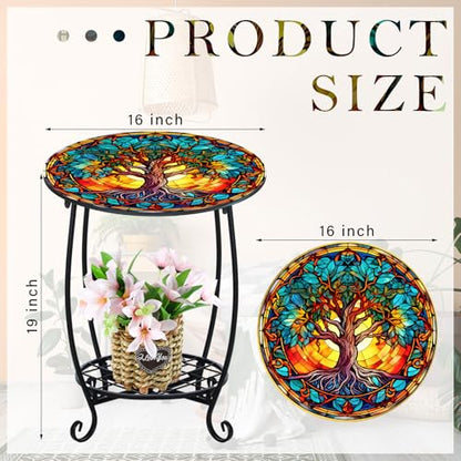 Cinnvoice Outdoor Side Table Round Small Mosaic Patio Accent Indoor End Plant Coffee Tea Table for Yard Patio Porch Garden Living Room, Bedroom(Tree of Life Style,16 Inch) - size: 16 Inch, style: Tree of Life Style