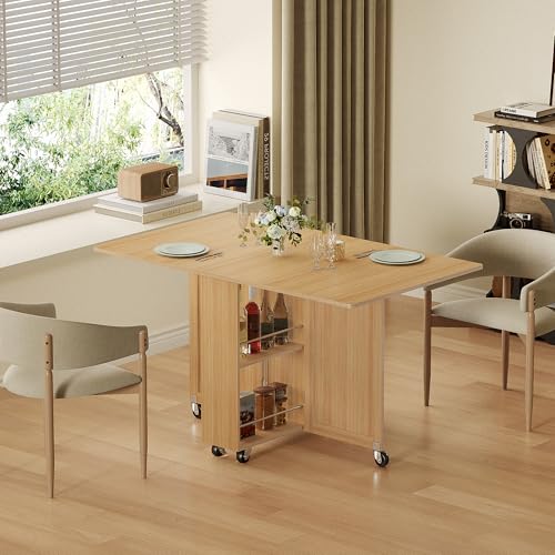 3imothrix Folding Dining Table, Dinner Table with Drawer and Storage and Shelves, Space Saving Dining Table with 6 Wheels, Kitchen Table for Small Spaces (Oak) - color: Oak