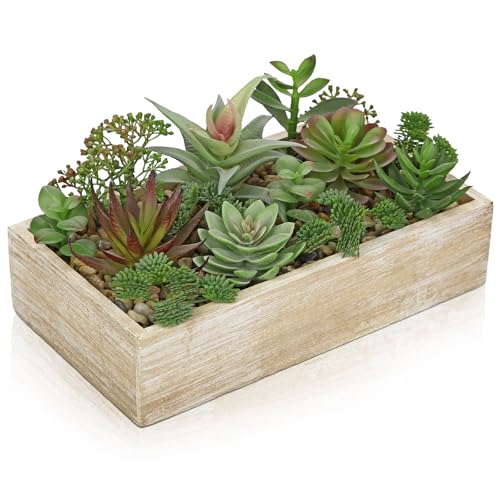 Artificial Succulent Plants in Pot 10 Inch Fake Succulent Arrangement Potted Succulents Plants Centerpiece in Rectangular Wooden Planter for Home Office Desk Shelf Living Room Bedroom Farmhouse Decor - color: White Wooden#style 6