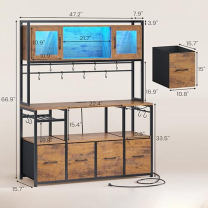 Itaar Bakers Rack with Power Outlet and LED Light, 47.2'' Microwave Stand with Storage, Kitchen Coffee Bar Cabinet with Glass Door, 4 Drawer, Wine Rack, Goblet Holder and 12 Hooks, Rustic Brown - color: Rustic Brown