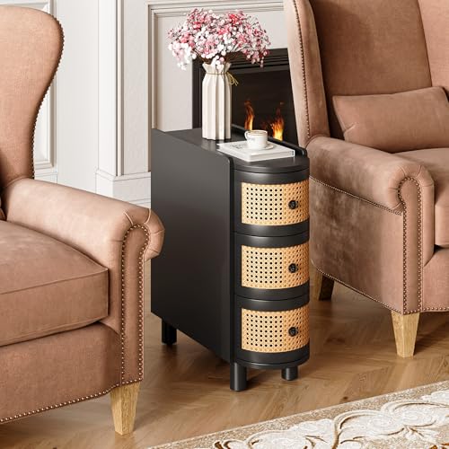 LITTLE TREE Solid Wood End Table, Rattan Narrow Side Table with 3 Drawers | No Assembly Required, Solid Wood Nightstand, Bedside Table for Living Room, Bedroom, Office, Bathroom, Balck - color: Black