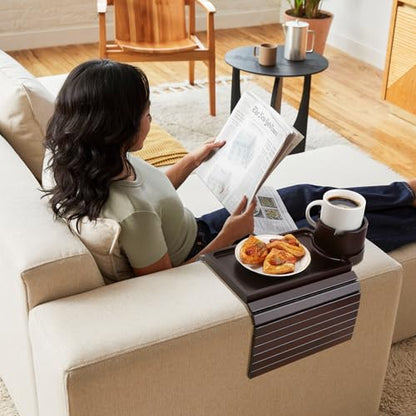 GHKINMAL Couch Cup Holder Tray, 3 in 1 Large Couch Arm Trays,Bamboo Chair Clip on Tray with 360° Ratated Phone Cup Holder for Couch,Snacks,Remote,Phone-Black Walnut - color: Black Walnut