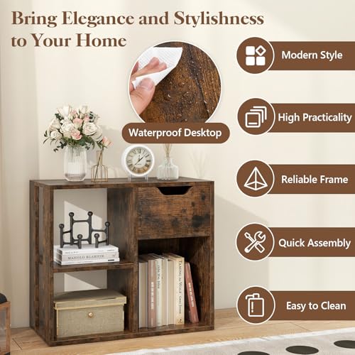 Giantex 3 Cube Bookcase with Drawer Set of 2, Bookshelf for Small Space, Modern Freestanding Display Rack with Open Shelves, Book Case, Wood Cube Storage Organizer Bedroom Living Room, Rustic Brown - color: Rustic Brown
