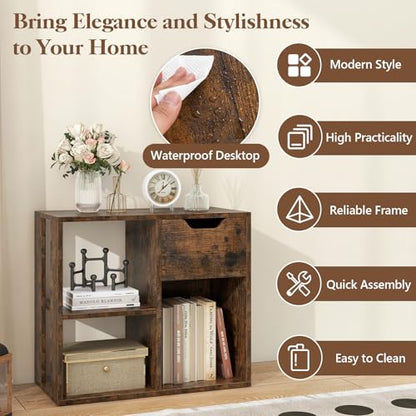 Giantex 3 Cube Bookcase with Drawer Set of 2, Bookshelf for Small Space, Modern Freestanding Display Rack with Open Shelves, Book Case, Wood Cube Storage Organizer Bedroom Living Room, Rustic Brown - color: Rustic Brown