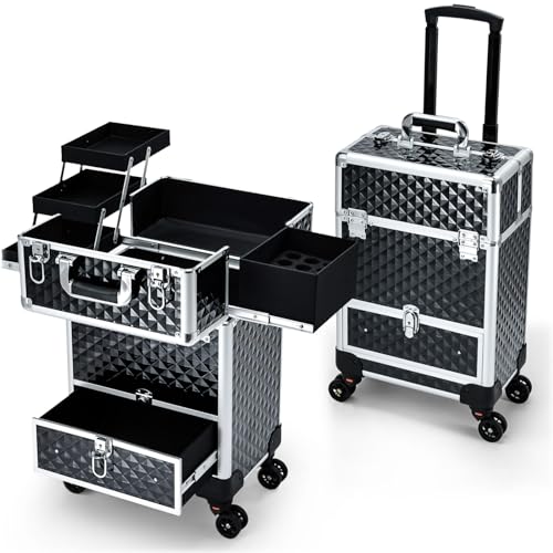Hododou Rolling Makeup Case Cosmetic Travel Trolley Storage Sliding Drawer 4 Tray Makeup Travel Case with Wheels Salon Barber Case Traveling Cart Trunk for Cosmetologist Nail Tech Hairstylist Black - color: Black