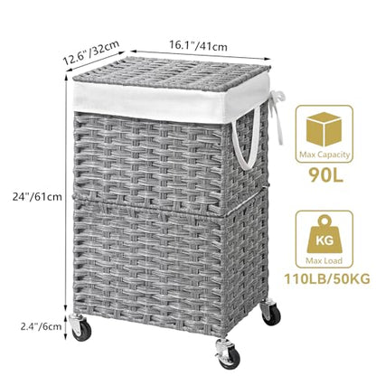 Chrislley 90L Slim Laundry Hamper with Wheels, Rolling Laundry Basket with Lid and Renovable Liner Bag, Handwoven Rattan Organizer for bedroom, bathroom, laundry room (Grey) - color: Grey