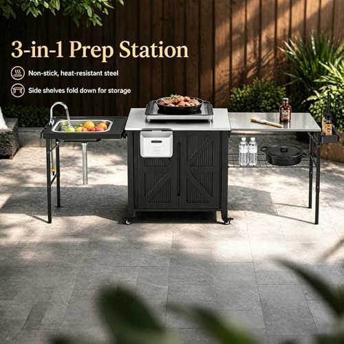 Outdoor Grill Cart with Storage Cabinet, 3-in-1 Movable Kitchen Island Cart, Outdoor Grill Cooking Station with Stainless Steel Countertop&Rolling Wheels&Folding Side Tables for Backyard Patio