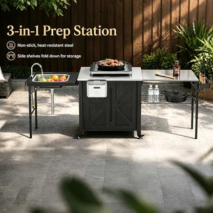 Outdoor Grill Cart with Storage Cabinet, 3-in-1 Movable Kitchen Island Cart, Outdoor Grill Cooking Station with Stainless Steel Countertop&Rolling Wheels&Folding Side Tables for Backyard Patio