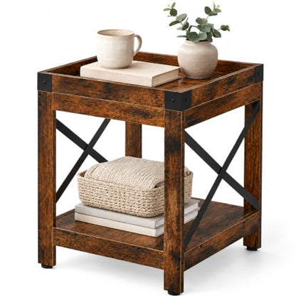 Farmhouse Square Side Table,2-Tier End Table with Storage Shelf | Modern Sofa Couch Table Bedside Nightstand With X-Frame for Living Room Bedroom Office Small spaces,Rustic Brown - color: Rustic Brown, style: Farmhouse