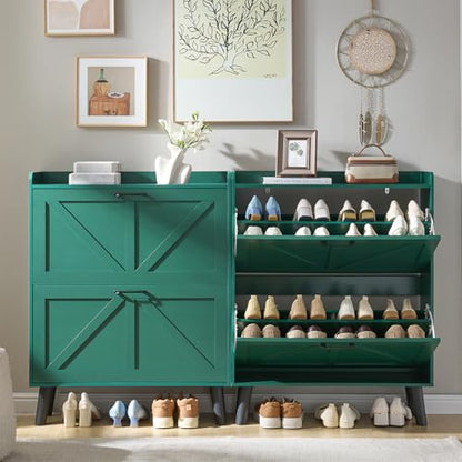 LEYAOYAO Shoe Cabinet Storage for Entryway with 2 Flip Drawers | Rack Narrow Organizer Slim Hidden Wood Shoe Cabinet Furniture - color: Green