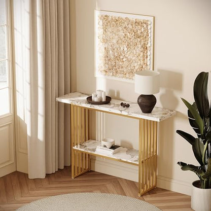 ZeHuoGe Modern Luxury Gold Metal Frame Console Table, Chic Entryway Table with Storage Shelf for Living Room Decor