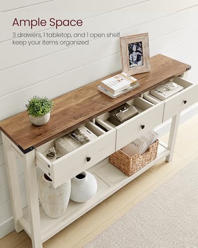 VASAGLE LIRY Collection - Console Sofa Table, Narrow Entryway Table with 3 Drawers, Open Storage Shelf, Metal Corners, for Living Room, Farmhouse Style, Honey Brown and Rustic White ULNT142WJ02S