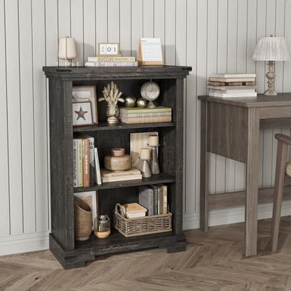 3-Tier Farmhouse Bookshelf, Book Shelf with Open Storage & One Adjustable Shelf, 9.8" D x 26" W x 38" H, Wooden Bookshelf for Study Room, Living Room, Kitchen, Bedroom (Black) - color: Black